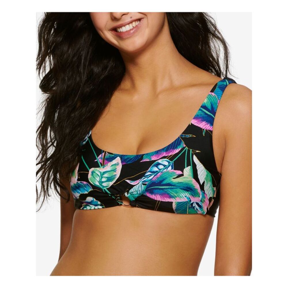 HULA HONEY Women's Black Tropical Print Stretch Bralette Ring Swimsuit Top XS